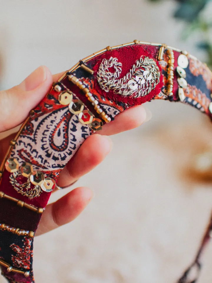 Tiara "Crimson Rhapsody" (round version). Bohemian patchwork crown for festivals, weddings, proms. Hippie hair accessory made with upcycled vintage fabrics and embellishments.