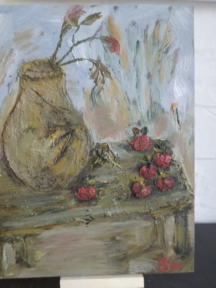 Oil painting with autumn apples and jug on table in garden, original painting on cardboard 10x7 inches