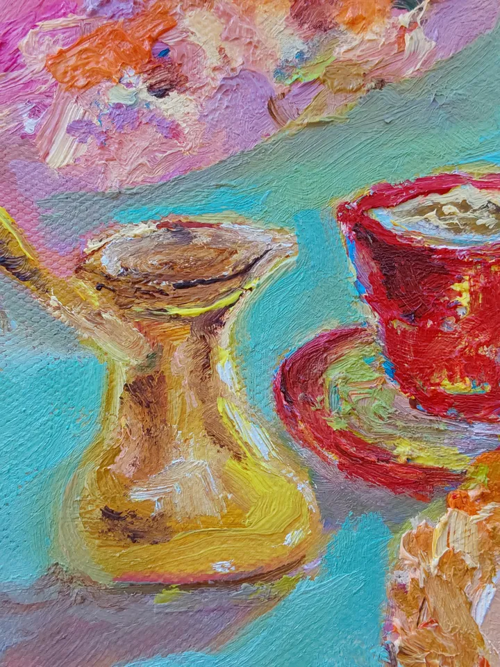 Oil painting on canvas 20x20cm (8x8inch) "Coffee. Afternoon dessert"