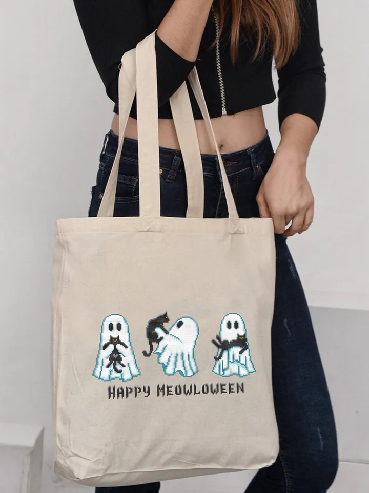 Ghost with black cat cross stitch pattern PDF download Happy Meowloween, Cute ghost cross stitch chart, Halloween pattern digital PDF #H90