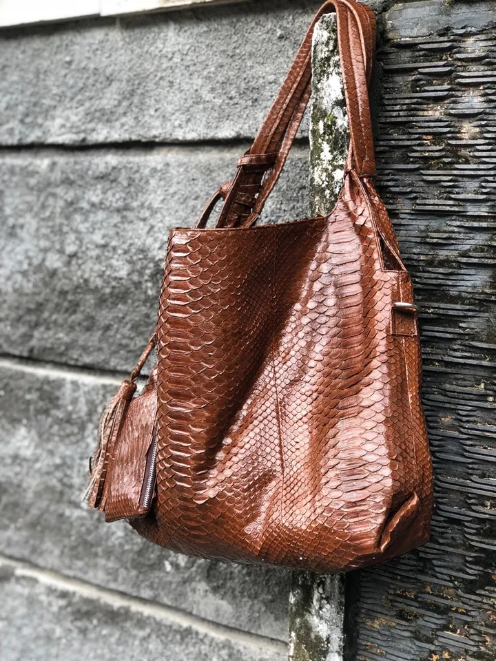 Big Soft Hobo Genuine Python Skin Polished Brown Bag | Exotic Python Leather Bag | Large Soft Leather Handmade Bag | Snakeskin Bag Woman