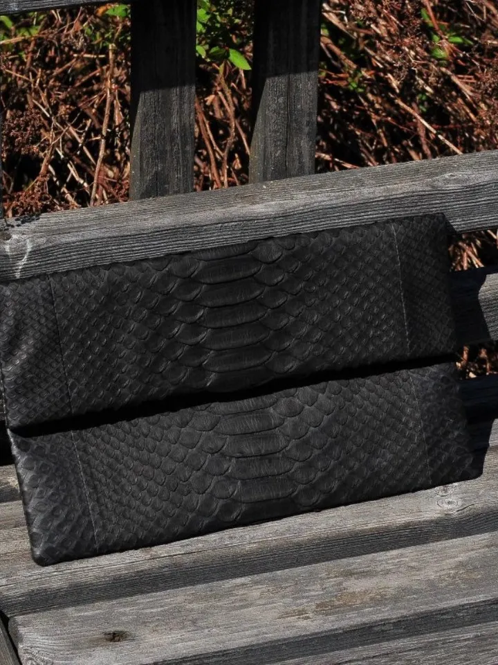 Black leather envelope clutch | Foldover Genuine Python Skin Woman Clutch | Elegant Classy Clutch bag | Snakeskin small bag