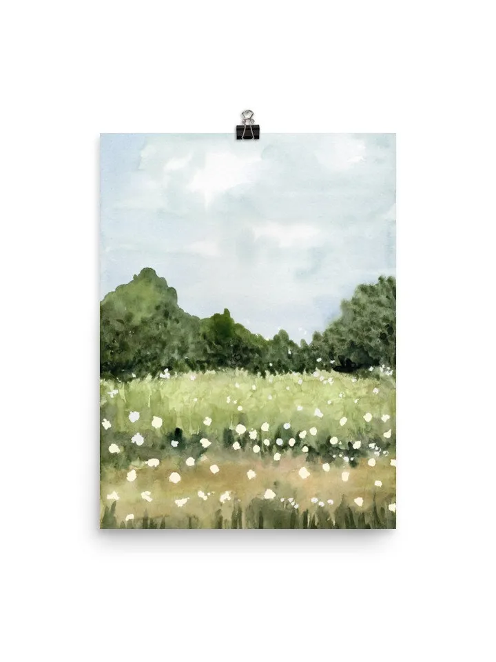 Wildflowers Landscape, Watercolor Painting Print, Meadow Wall Art, French Country Print, Field Painting, Rustic Home Decor,Flowers Landscape