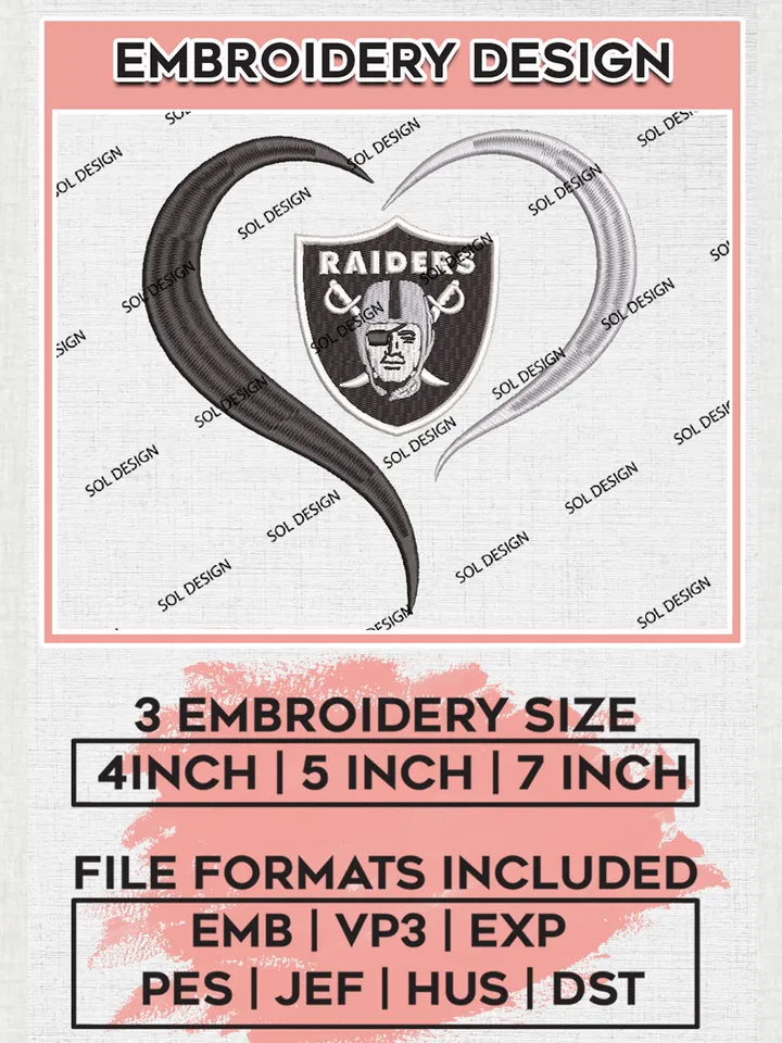 Las Vegas Raiders Heart Embroidery Design Files, NFL Raiders Embroidery Designs, NFL Embroidery Designs, NFL Las Vegas Raiders Machine Embroidery Design, Digital Download