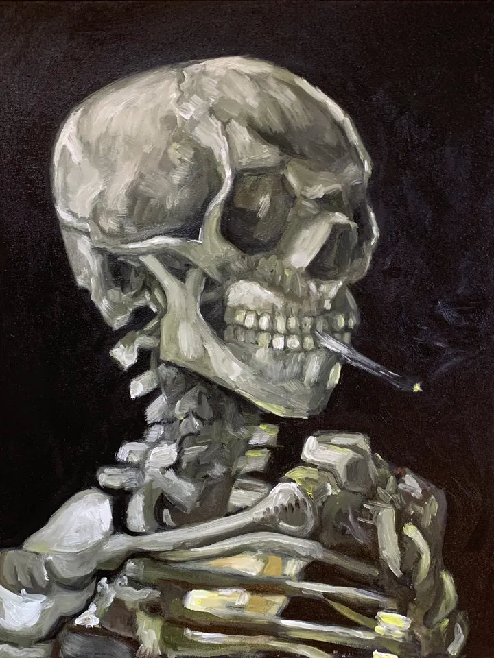 Skull with Burning Cigarette (Replica) – Oil Painting on Canvas 12×16 in by MyFoxyArt
