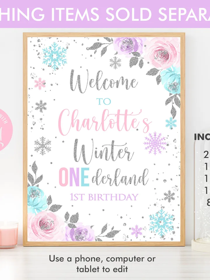 Winter Onederland Birthday Girl Invitation, Winter Wonderland 1st Birthday Invitation, First Birthday Snowflake Editable Template i098