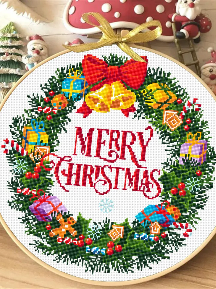 Merry Christmas cross stitch pattern download PDF Christmas wreath cross stitch Christmas pattern digital Winter holiday embroidery PDF #N20