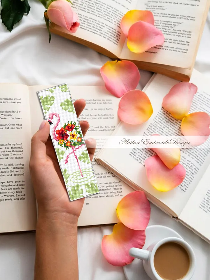 Flamingo bookmark cross stitch pattern PDF download Floral flamingo cross stitch chart, Flower bookmark pattern digital, Monstera leaf #B440