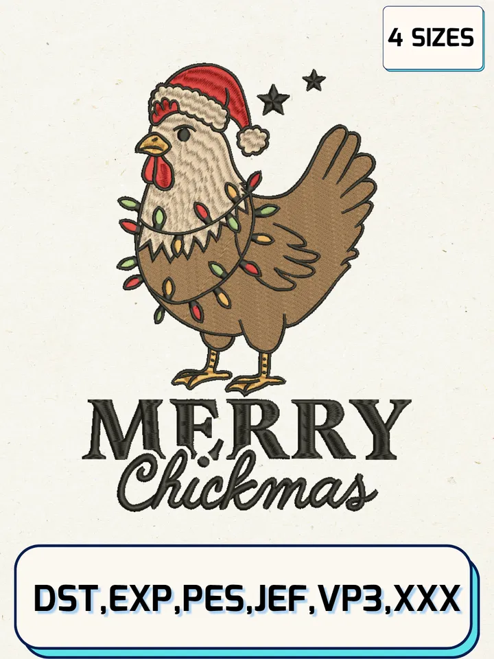 Merry Chickmas Embroidery Design,Christmas Embroidery Designs,Machine Embroidery Files,4 Sizes