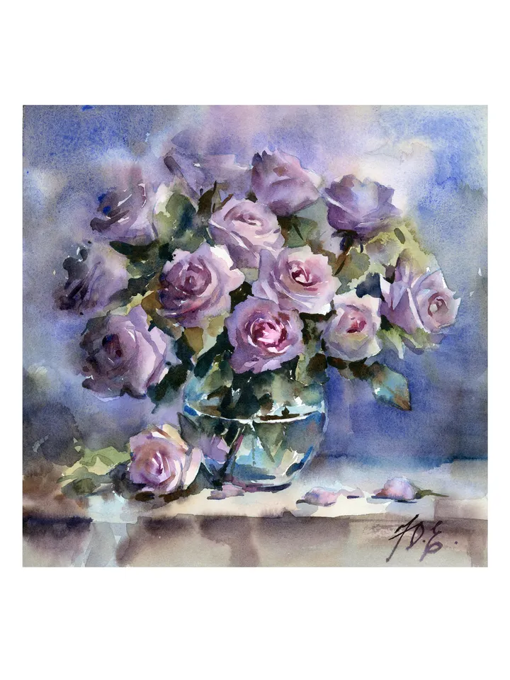 Lilac rose in glass / Original watercolor painting