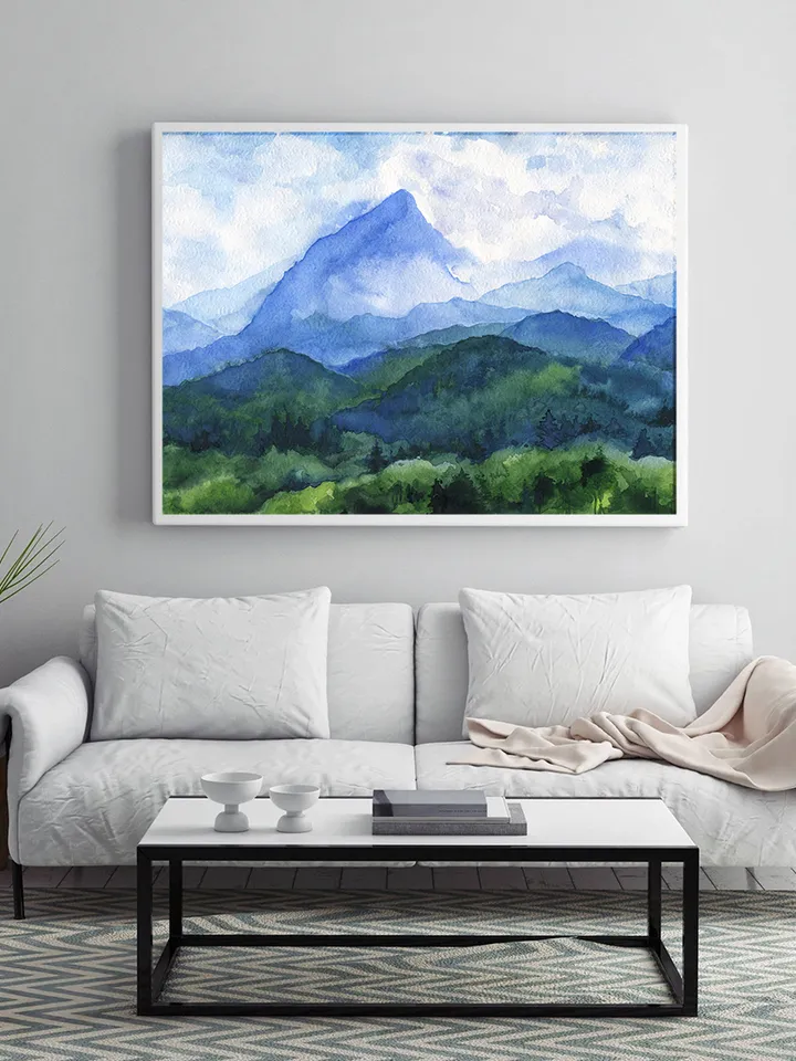 Watercolor poster with mountains, Watercolor digital file, Printable, Art poster, Blue-green landscape, Art print