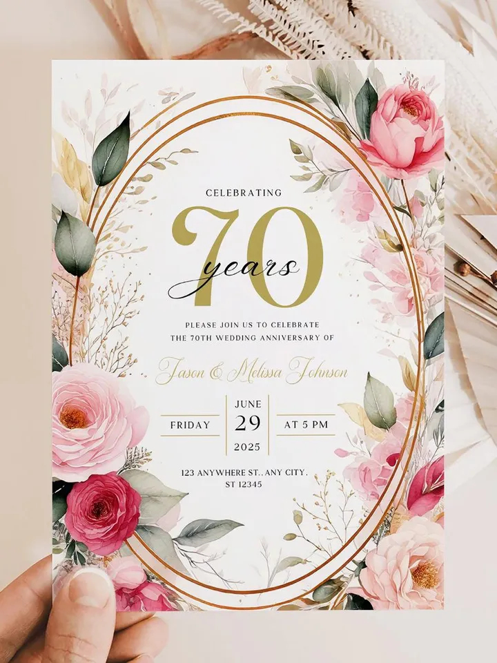 70th Anniversary Party Invitation, 60th, 50th, 40th, 30th, Blush Pink Canva Template 5x7 birthday invitation & evite digital invitation