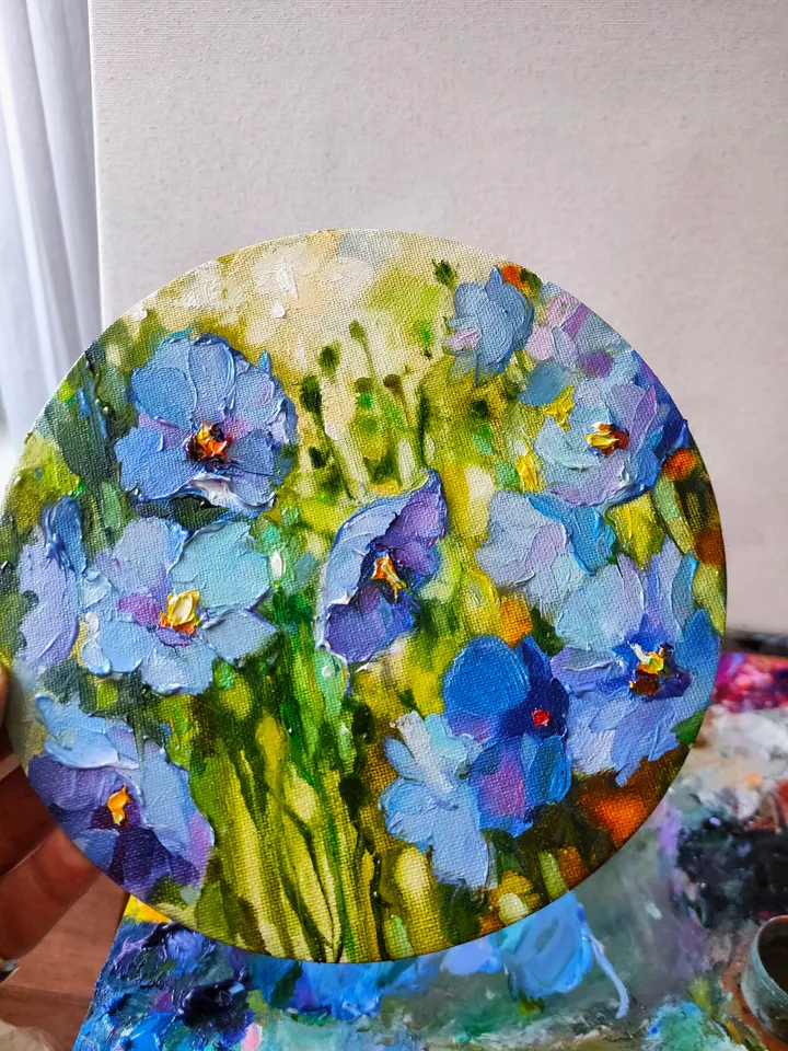 Flowers Blue Poppies Original Oil Painting Canvas on Cardboard Diameter 8 inches Flowers Painting Impasto Art Blue Flowers Wall Art by Natalia
