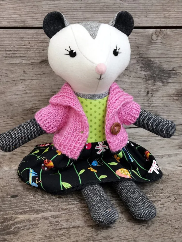 Gray possum girl, plush animal doll, wool stuffed opossum toy