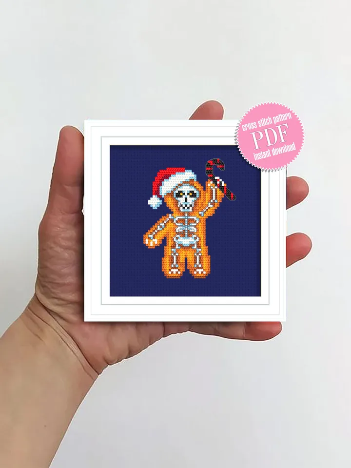 Gothic gingerbread man cross stitch pattern download PDF Christmas skeleton cross stitch chart, Small embroidery beginner, Gothic decor #N83