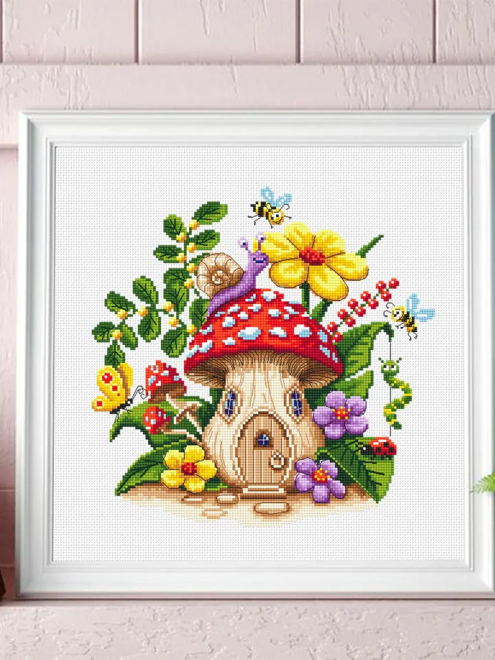 Magic mushroom house cross stitch pattern PDF download Fairy mushroom cross stitch chart, Summer flowers, Fly agaric Amanita, Butterfly #L66