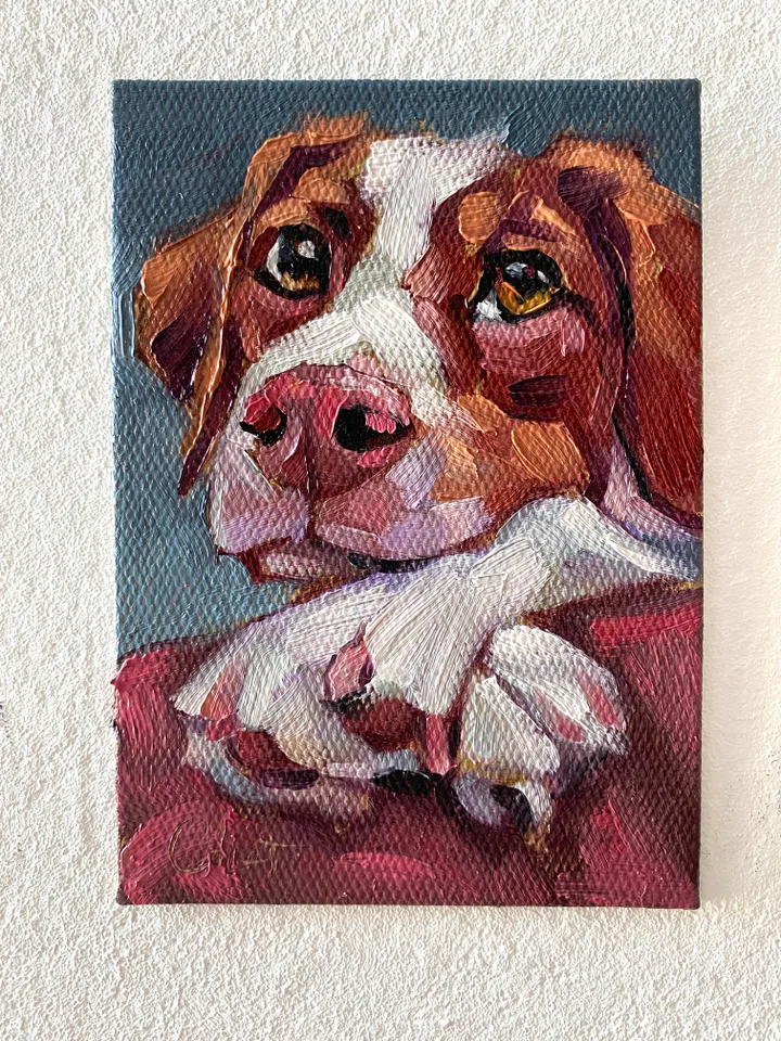 Dog oil painting original, Pet portrait artwork, Animal miniature wall art 4x6