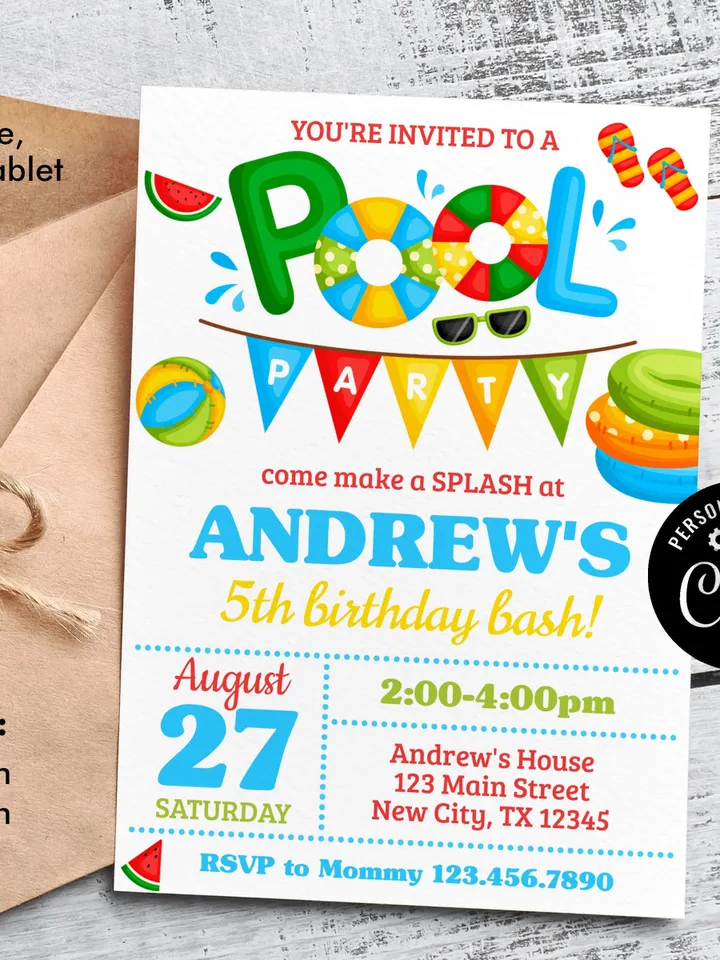 Pool Party Invitation Boy, Pool Party Birthday Invitation Instant Download, Swimming Party Invite, Editable Template