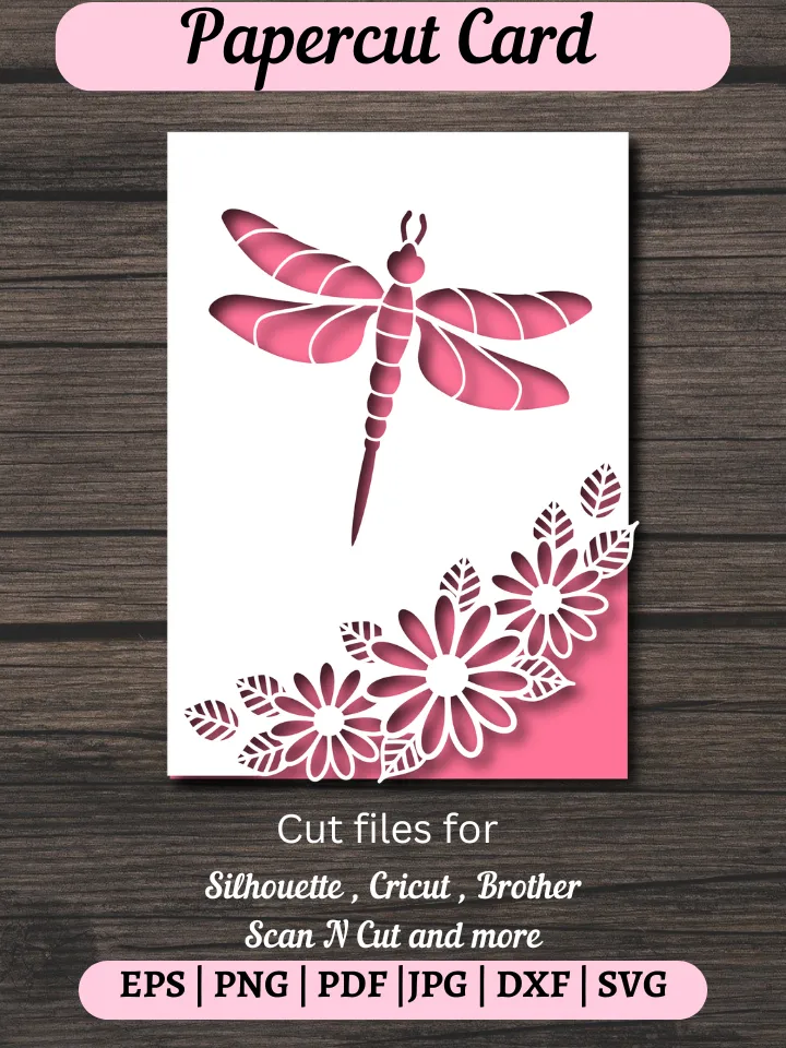 Luxury dragonfly and flowers Card Template for cutting on Cricut, Cameo, Laser cut. Cutout paper gate fold card.