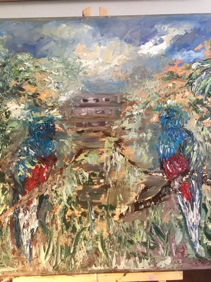 A couple of quetzal birds,mayan pyramid on the background, colourful impasto oil painting on stretched canvas ,wall art,couple love gift