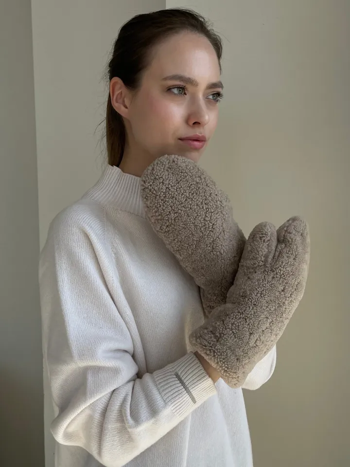 Genuine shearling mittens dark beige colour/ real fur mittens /women cold weather designer gloves / warm cosy mittens/ winter wear