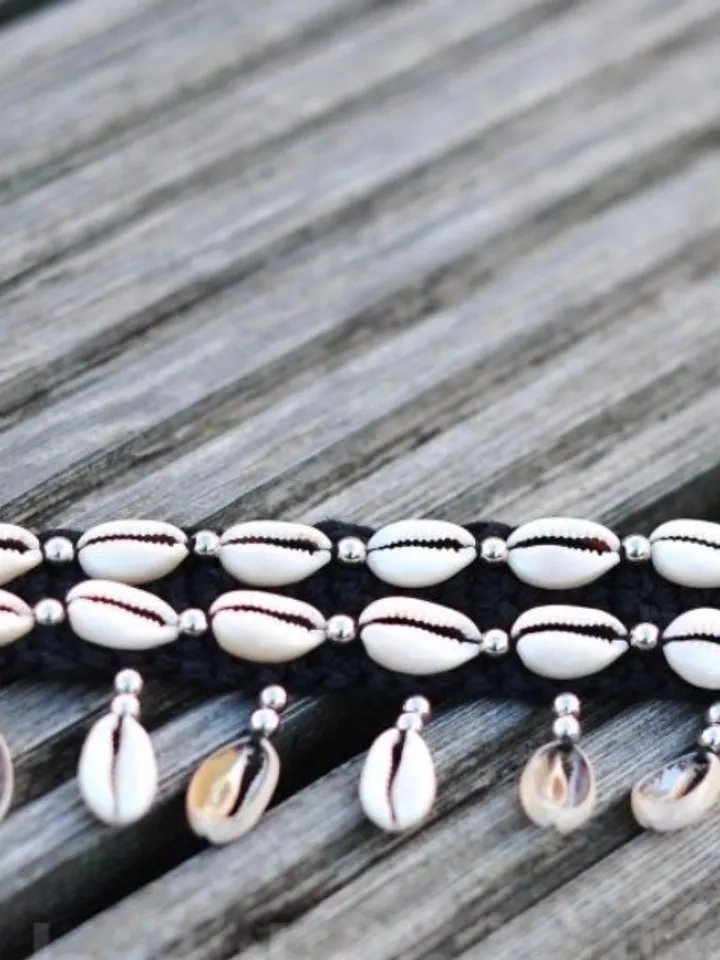 Shell Choker Cowrie Adjustable Tie Hippie  Boho Coachella | Summer Shell Makrame Choker | Bohemian Shell Choker Black Gem Black | Handmade