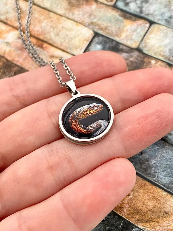 Snake necklace, steel pendant with glass, Reptile lover gift