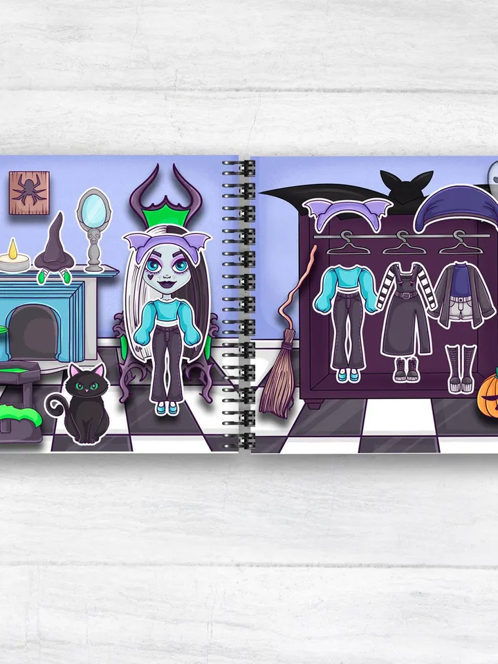 Printable Witch Paper doll house ,Halloween printable doll with a set clothes, Blythe paper doll dress up, Busy book printable crafts kids