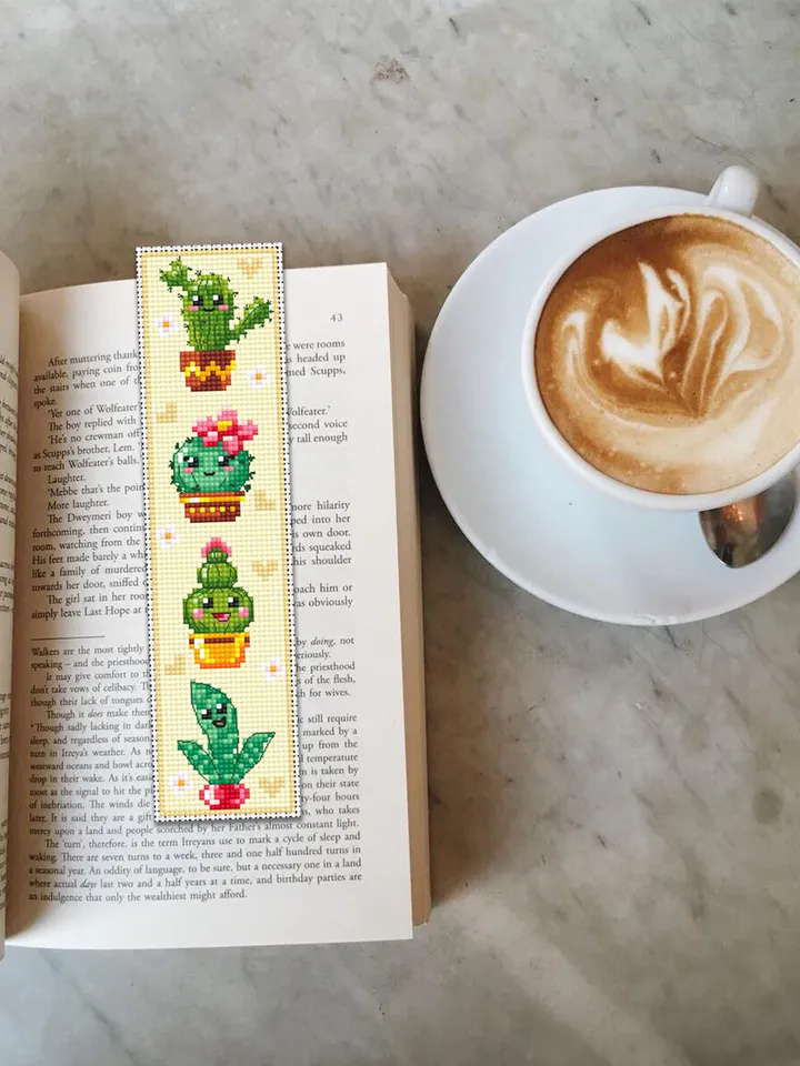 Cactus bookmark cross stitch pattern PDF download Kawaii cactus cross stitch chart, Floral bookmark pattern digital PDF, Potted plants #B342