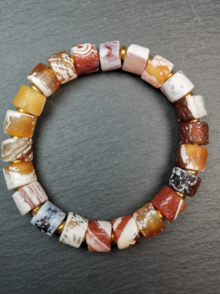 Gandhanra Tibetan Sugar Agate Beads Wrist Mala, Unique 11mm Cylinder Carnelian Bracelet