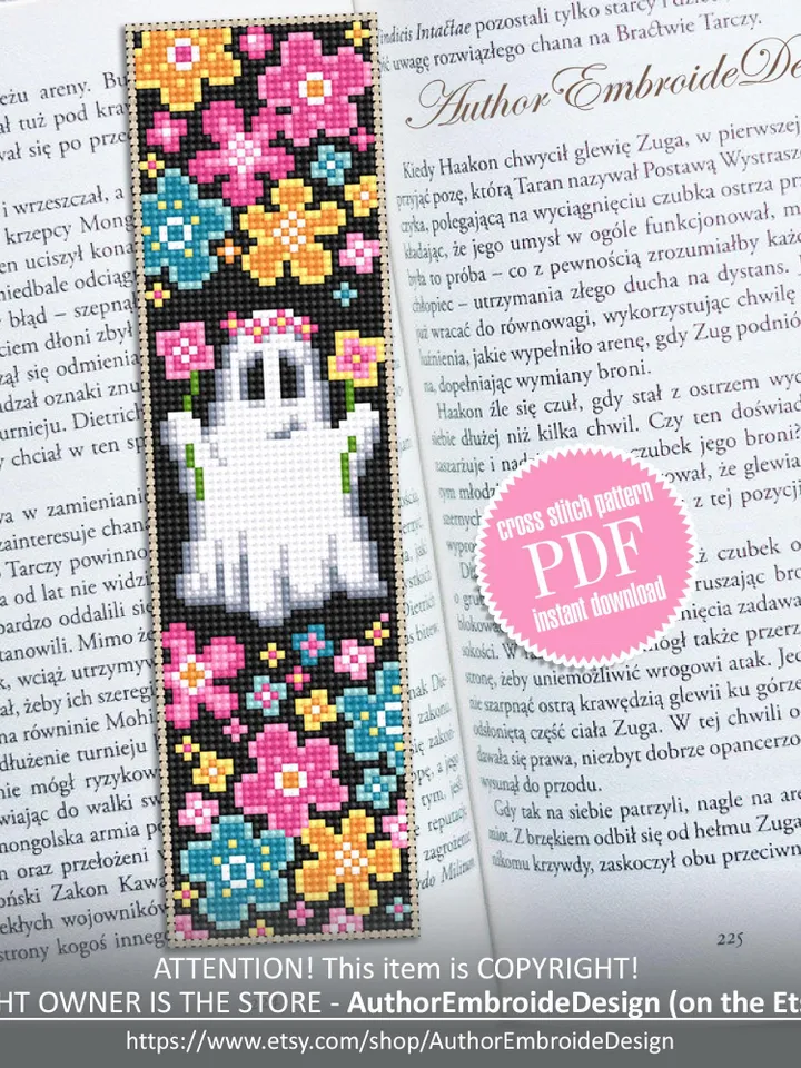 Floral ghost bookmark cross stitch pattern PDF download Cute ghost cross stitch chart, Simple Halloween bookmark pattern digital PDF #B366
