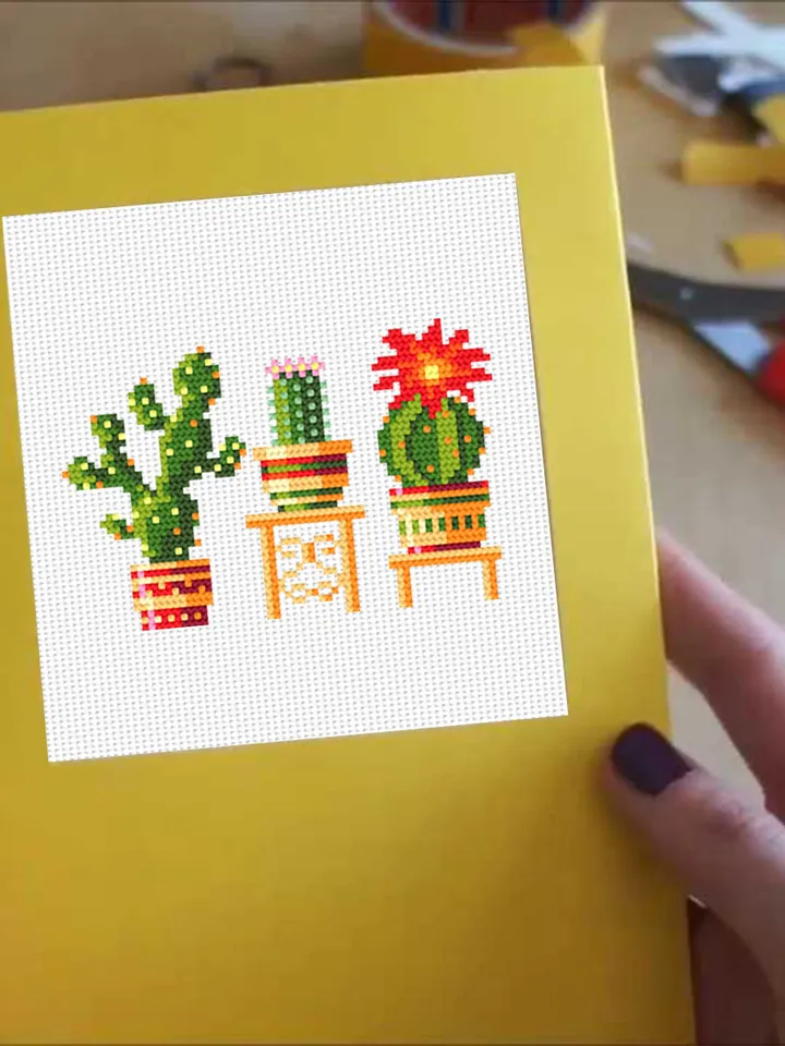 Cactus plant cross stitch pattern download PDF, Floral cross stitch chart, Potted plants embroidery PDF, Easy small cross stitch #P21