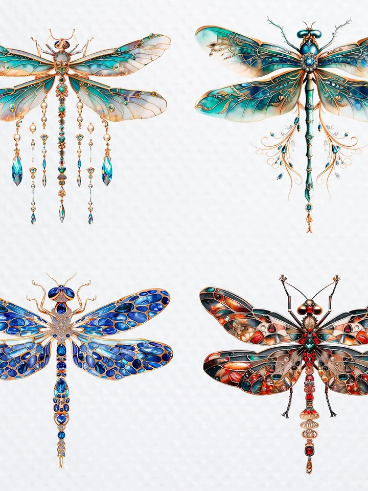 14 Jewelled Dragonfly PNG Bundle, Gemstones Printable Watercolor clipart for sublimation, High Quality PNG, Digital  Paper craft, journaling