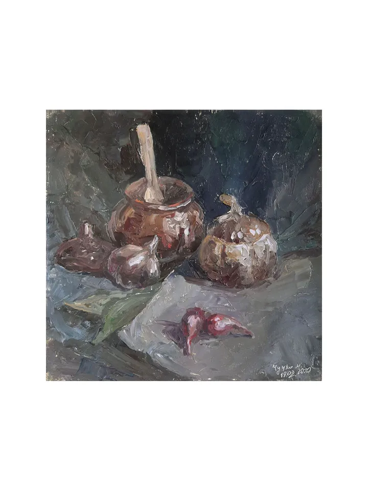 Garlic Onion PAINTING 8,8x8,9" ORIGINAL ART Kitchen Artwork Ceramic Pots Still Life Signed by artist Marina Chuchko