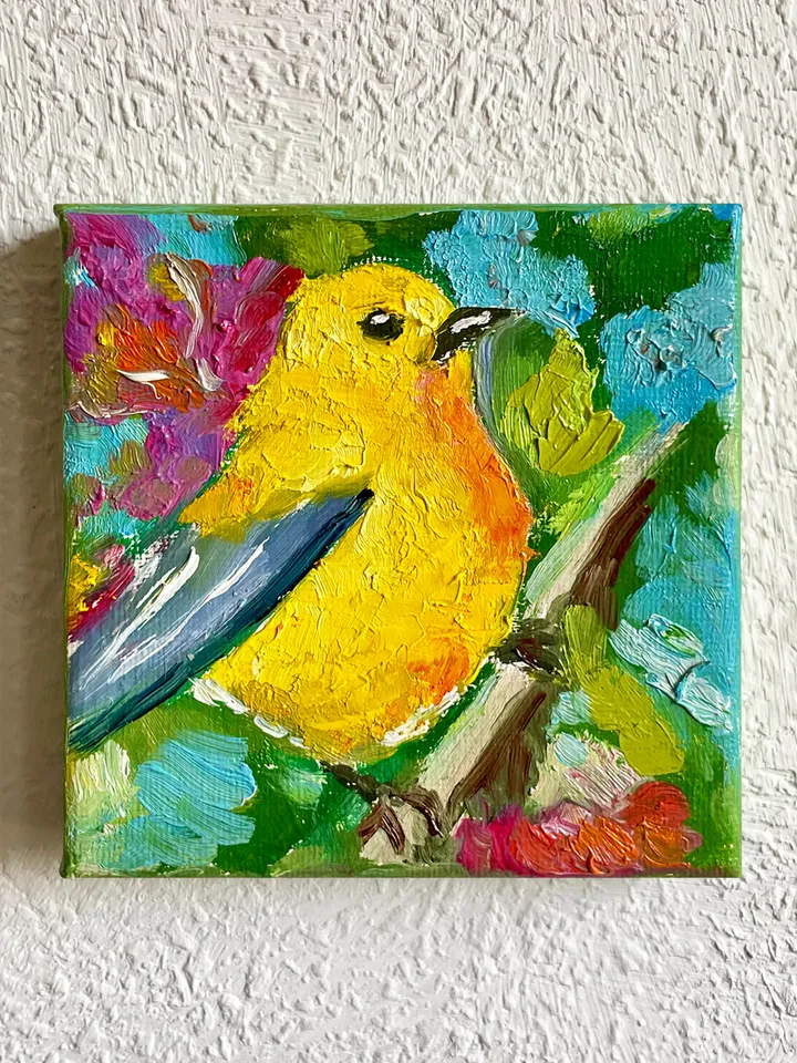 Yellow Wabler Painting, Bird Original oil Painting on Canvas, Wildlife Art, Miniature Artwork 4"x 4"