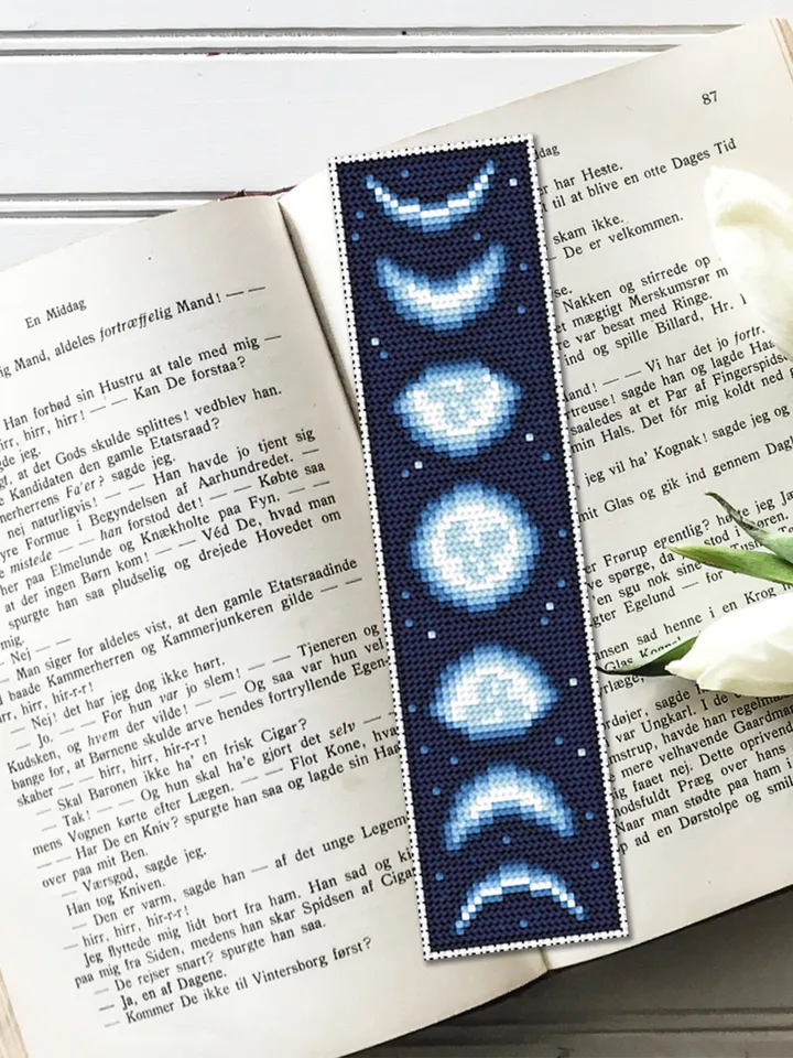 Moon bookmark cross stitch pattern download PDF, Handmade bookmark embroidery PDF, Moon phases cross stitch chart, Starry night sky #B83