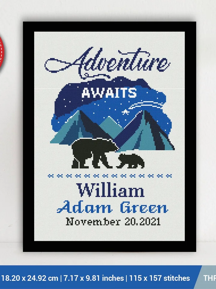 Birth announcement cross stitch pattern, Adventure awaits, baby, personalized, boy girl nursery decor, gift DIY, embroidery, instant PDF