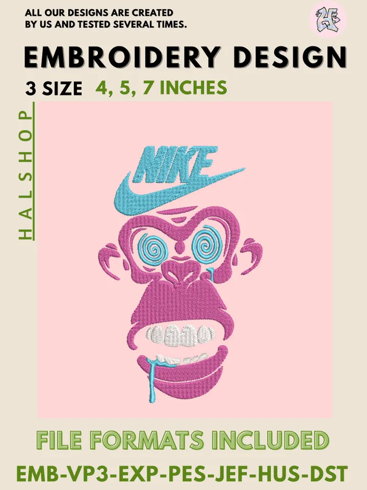 Cute Monkey x Nike Machine Embroidery Design – Fun Cartoon Digital Embroidery File 🐵