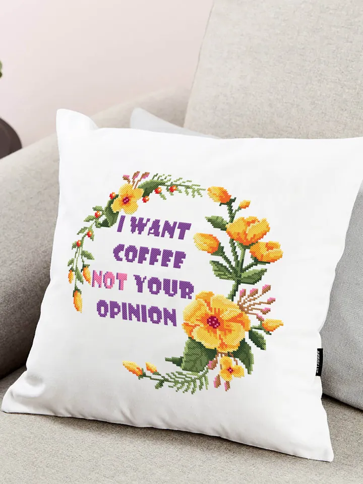 Coffee quote cross stitch pattern download PDF, Floral wreath cross stitch chart, Framed quote embroidery I want coffee not your opinion #Q3