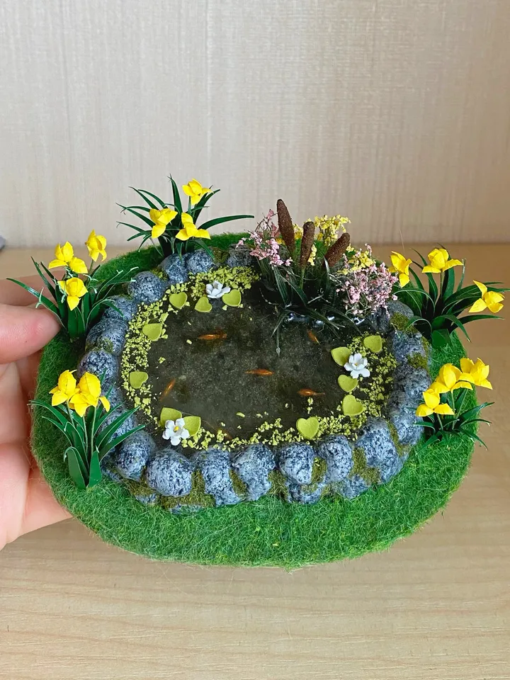 Miniature pond with goldfish. Dollhouse miniature. 1:12. Handmade pond. Pond with irises and fish.