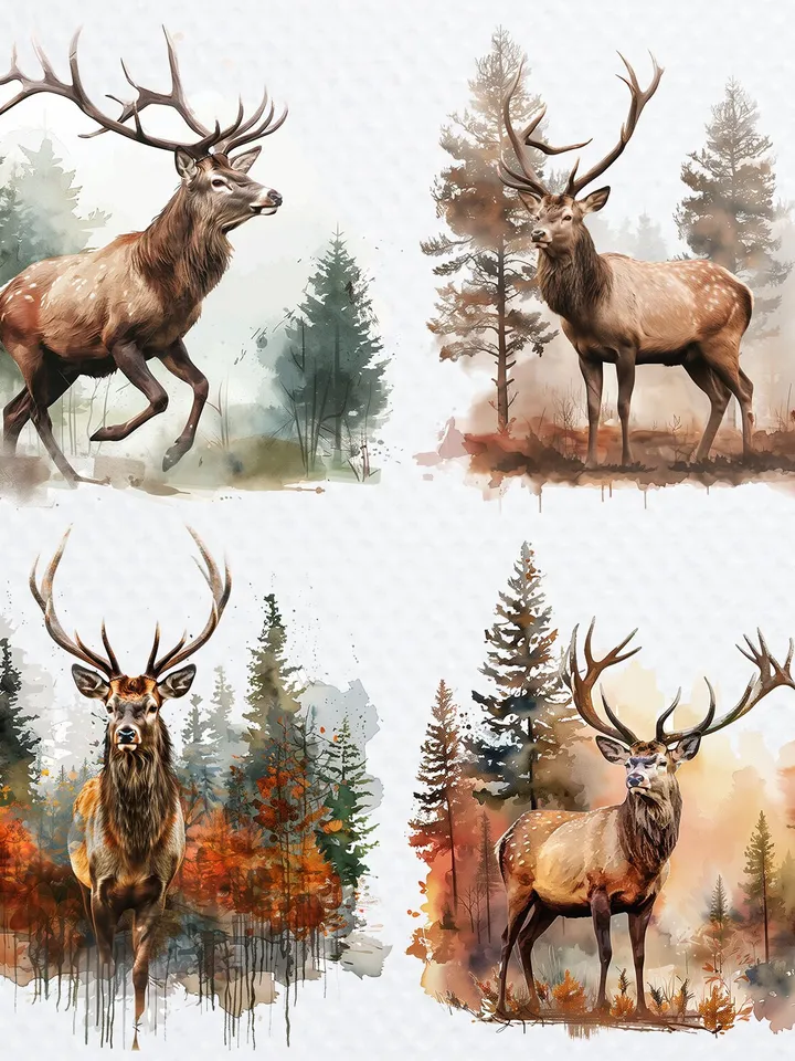 20 Red Deer in Forest PNG Clipart, Watercolor Deer PNG sublimation, Digital download, High resolution, Paper crafts, junk journal