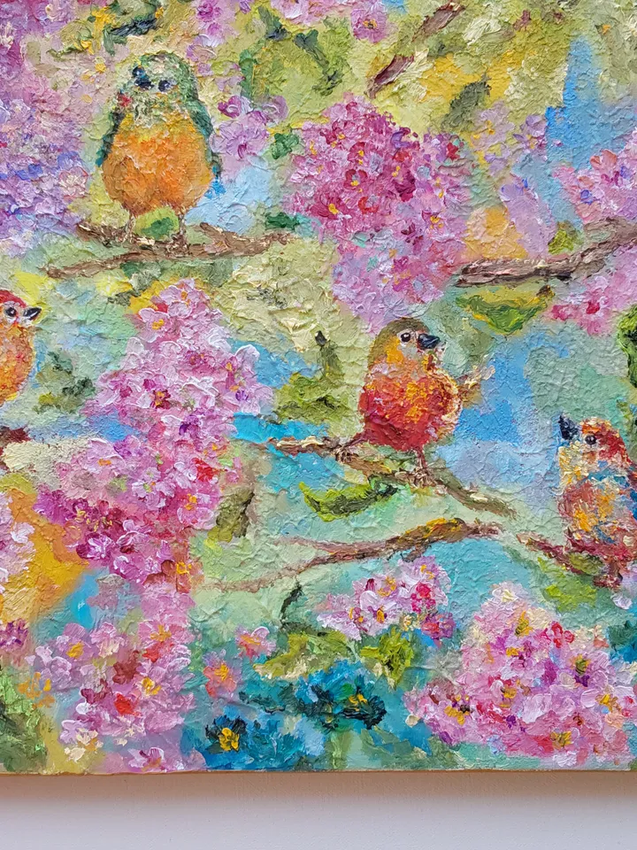 "Spring. Bird talk" oil painting on textured canvas 50x50cm (20x20 inches).