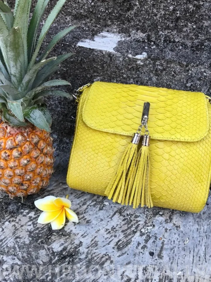 Genuine Python Skin Crossbody Bag | Chain Tassel yellow chain bag | Leather Woman Free Shipping Handmade Summer purse | exotic leather bag