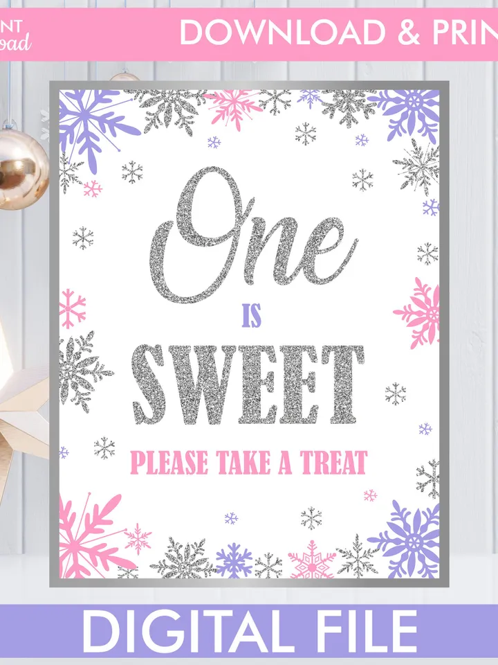 Winter Onederland Signs, Winter Onederland Birthday Girl Decorations, Pink Purple Silver Snowflakes Birthday Decorations Instant Download