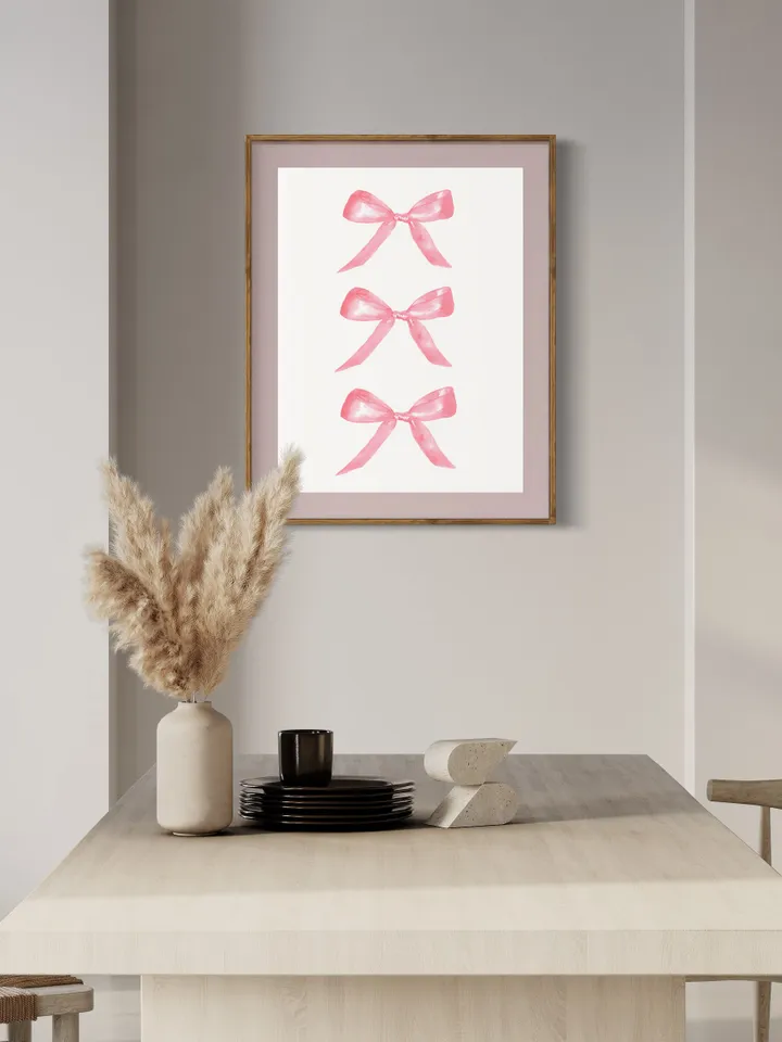 Pink Bow Painting Art Print, Watercolor Bow, Pink and White, Newborn Girl, Pink Chinoiserie Wall Art Print