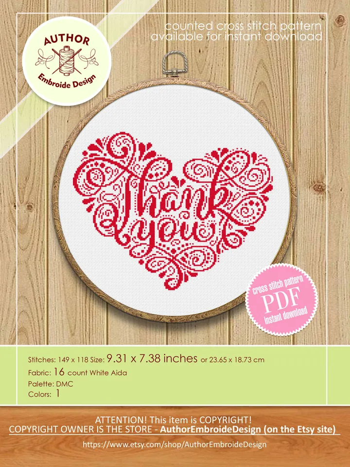 Heart thank you cross stitch pattern PDF download Heart mandala cross stitch chart, Heart embroidery digital PDF, Quote cross stitch #M233