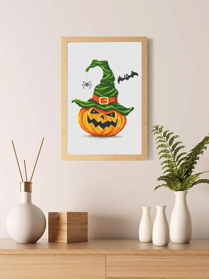 Halloween pumpkin cross stitch pattern PDF download Witch hat cross stitch chart, Happy Halloween pattern digital PDF, Halloween decor #H5