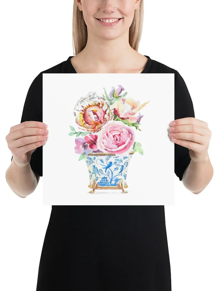 Watercolor Flowers Chinoiserie Home Decor Wall Art Flower Wall Art Flower Illustration Watercolor Pions Bleu White Decor Asian Vases Print