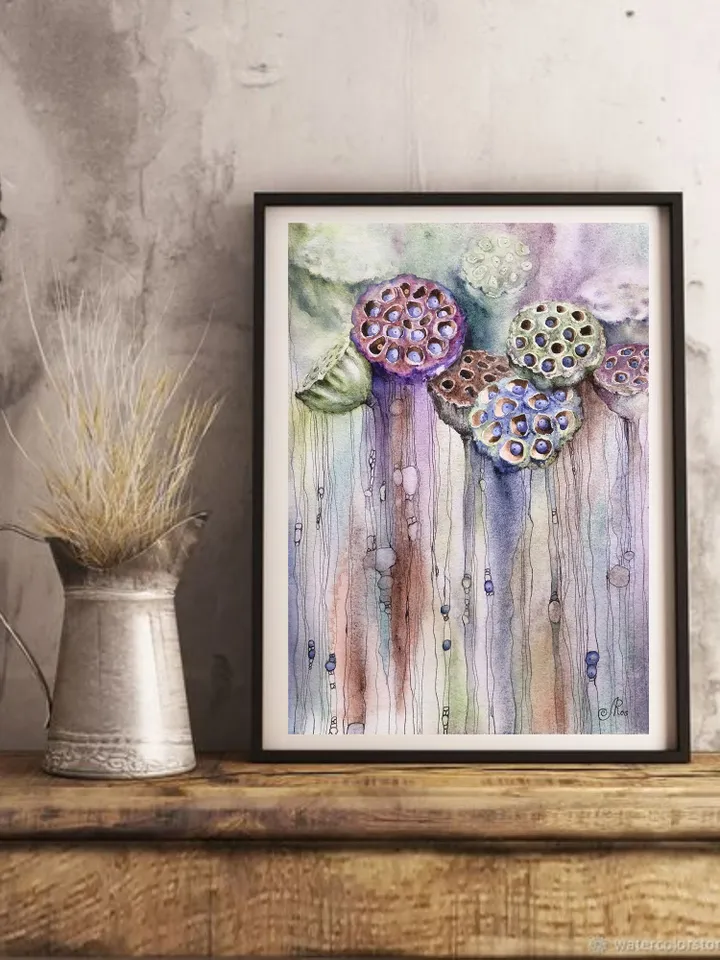 Flowers Original Lotus Painting Watercolor and ink Water Lilies Art