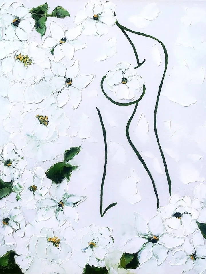 WOMAN Painting White Original Art Impasto Oil Painting Oil Figurative Flowers Art Body 24 by 20 in by ArtProkopaloSv